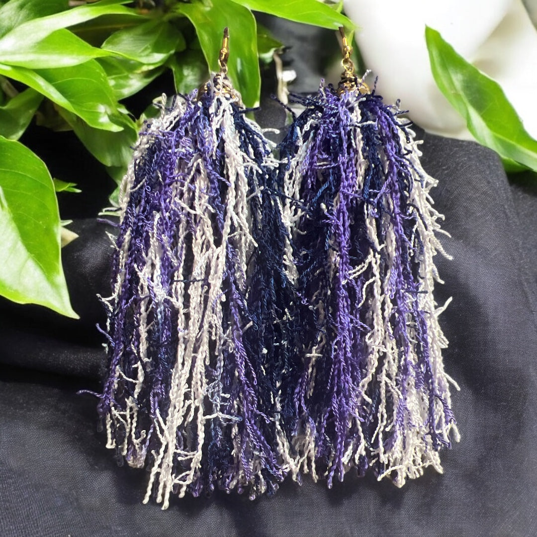 Purple & White Scrubby Tassel Earrings