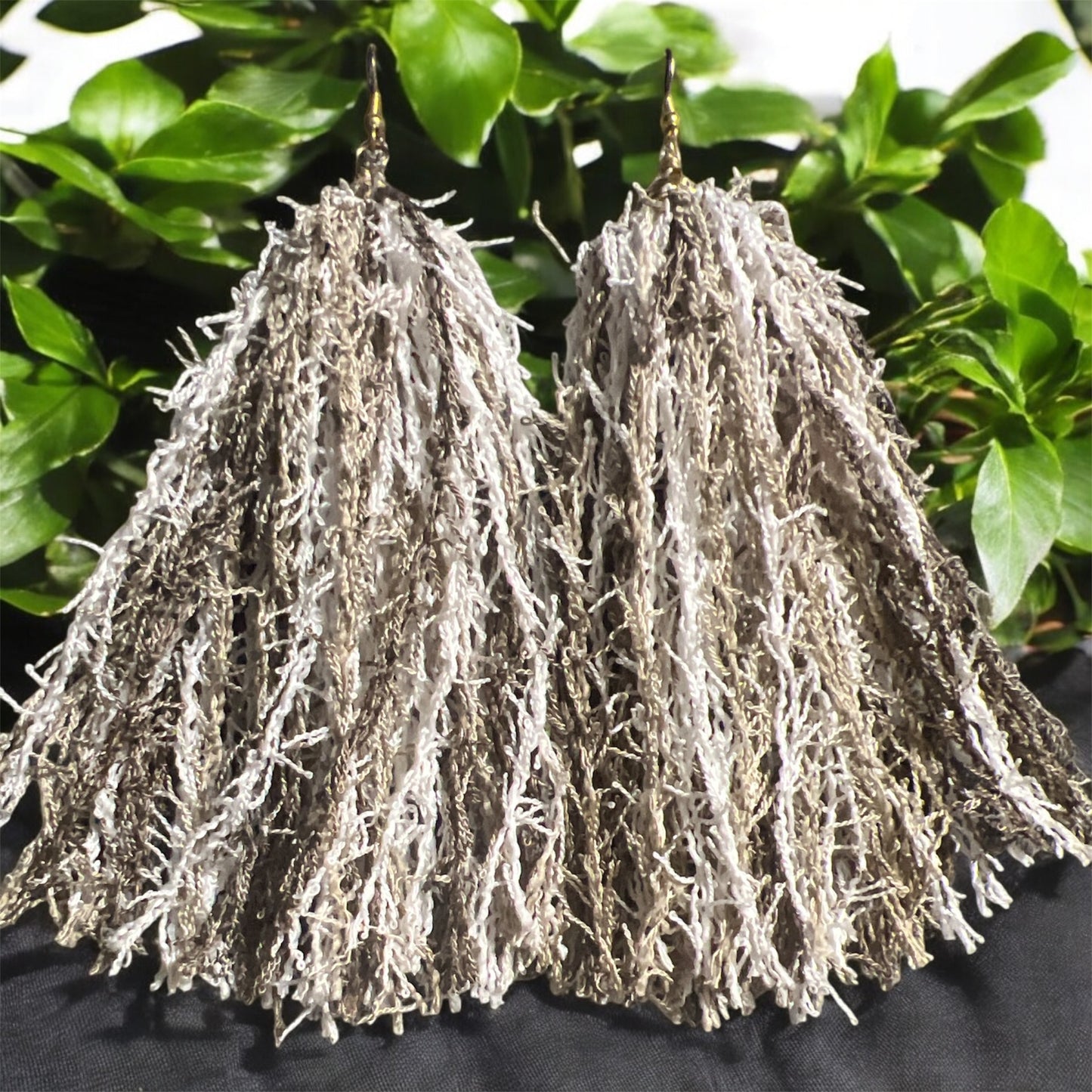 Tan & White Scrubby Tassel Earrings