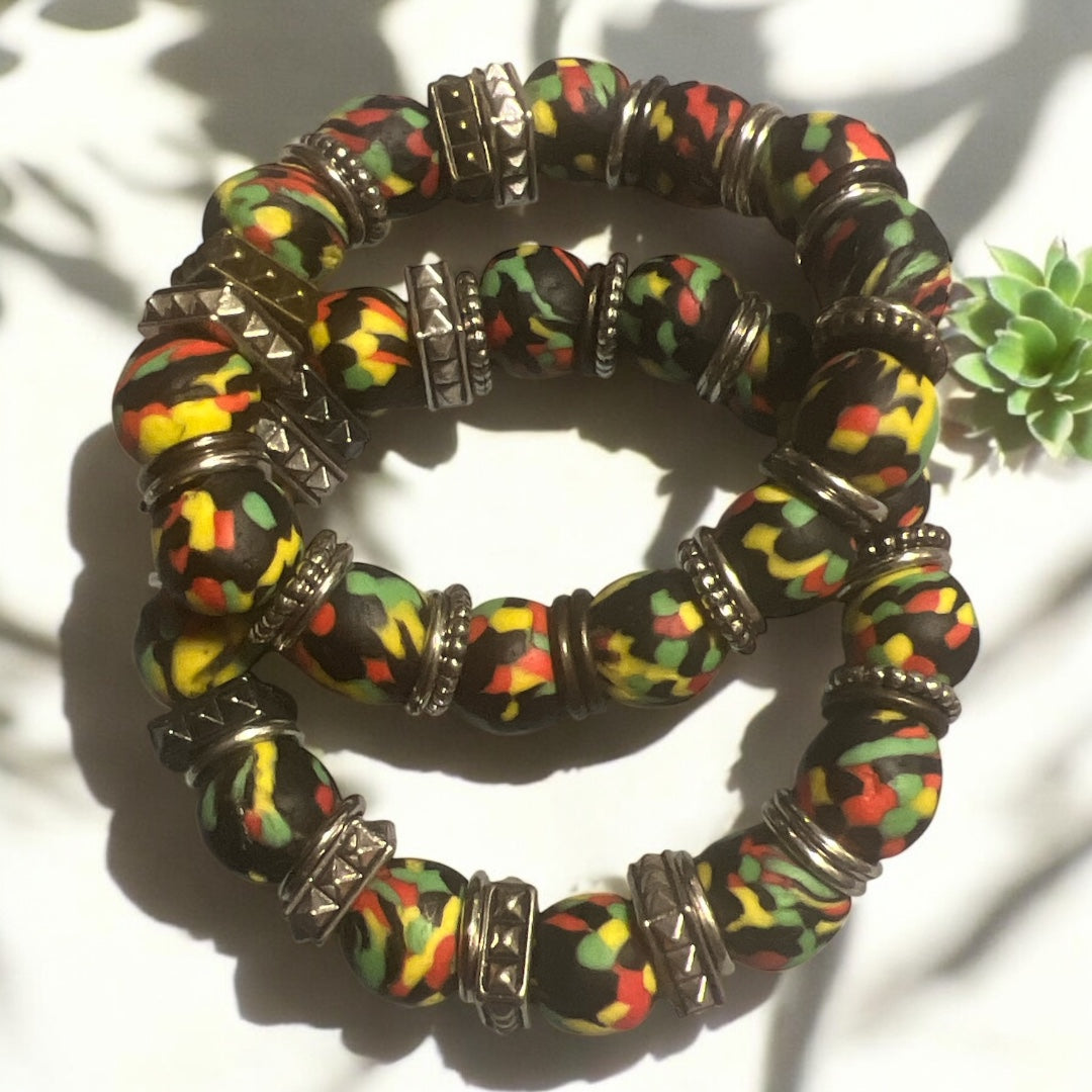 Red, Gold and Green Clay Beaded Bracelet