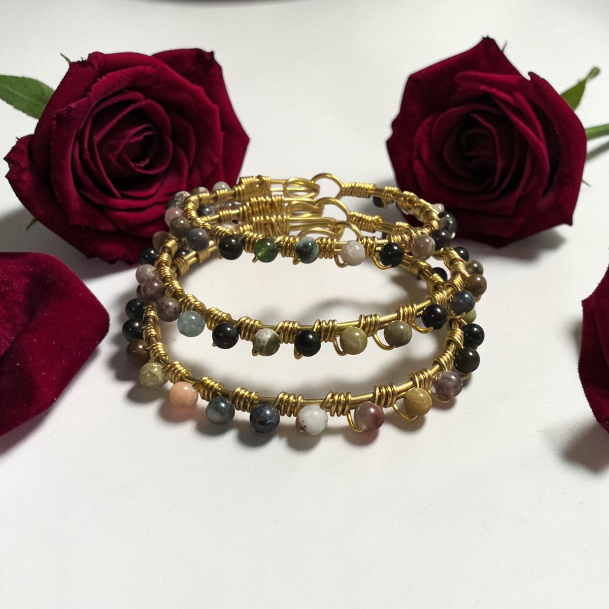 (Set of 3) Gold Brass Pink Tourmaline Dangle Bangles