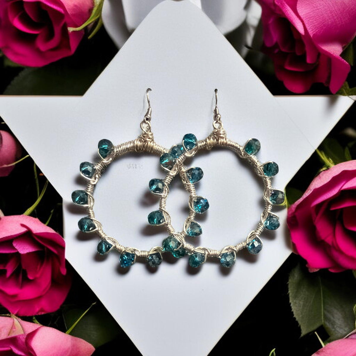 Teal Blue Crystal Silver Hoop Earrings