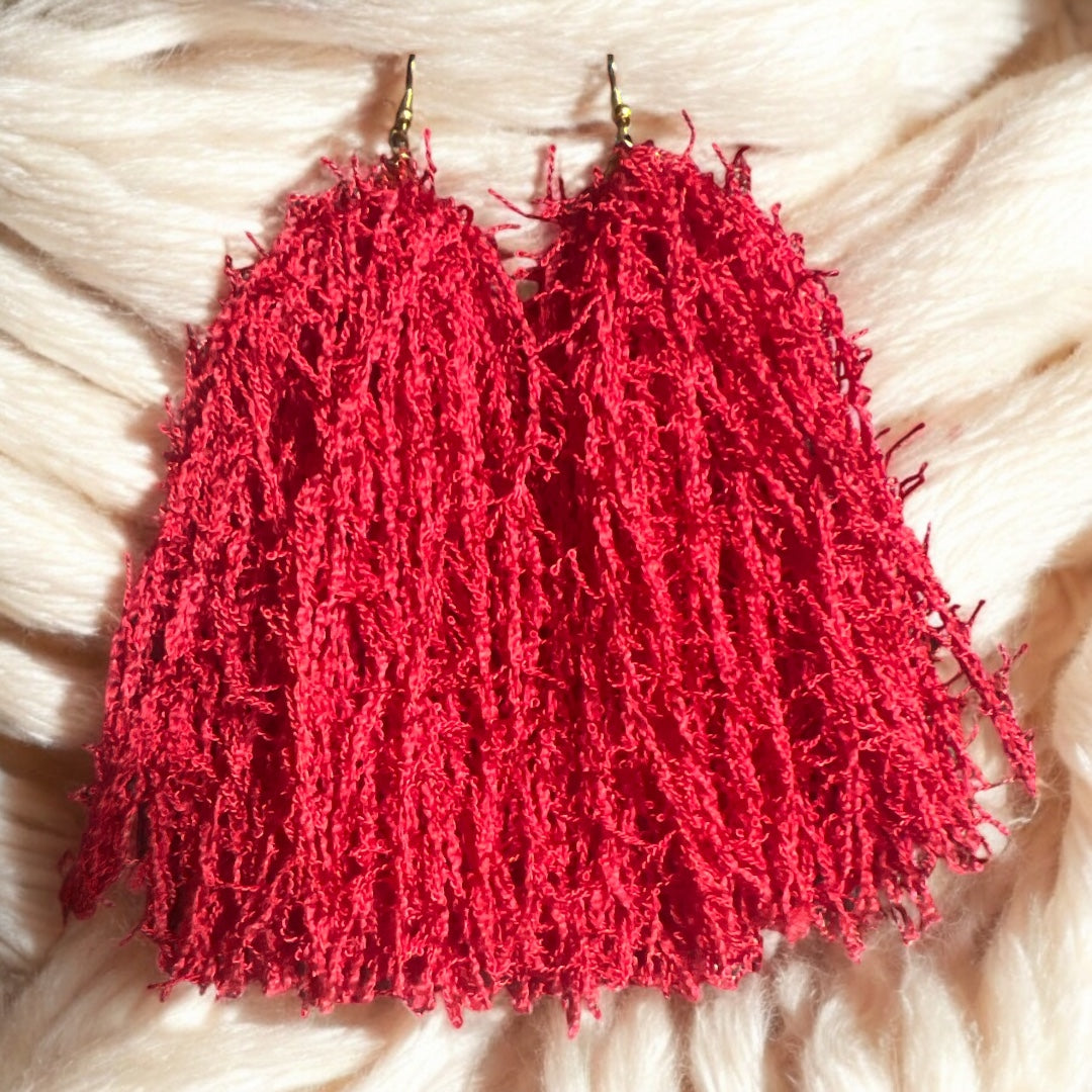 Red Scrubby Tassel Earrings