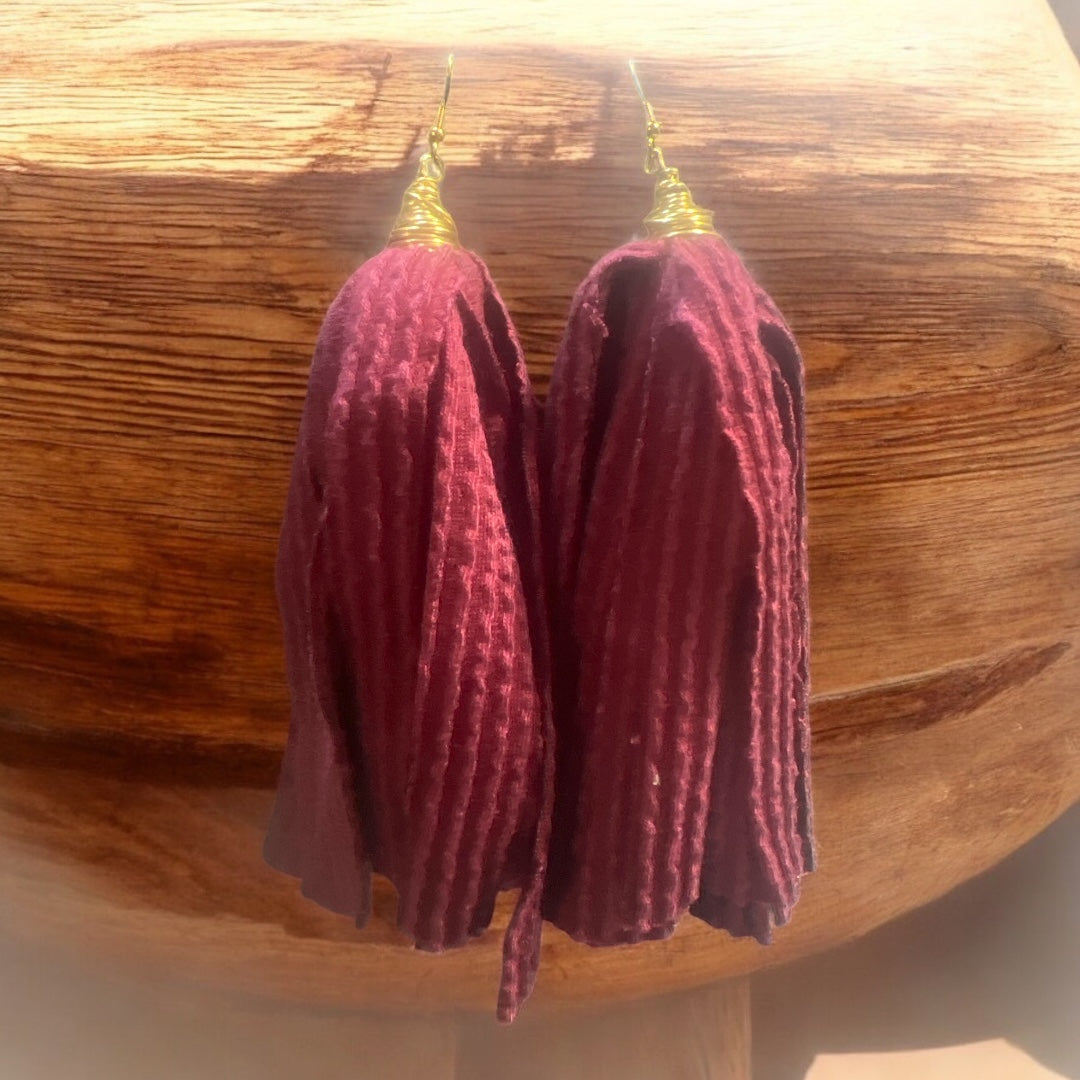 Burgundy Cloth Tassel Earrings