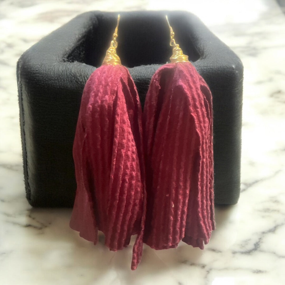 Burgundy Cloth Tassel Earrings