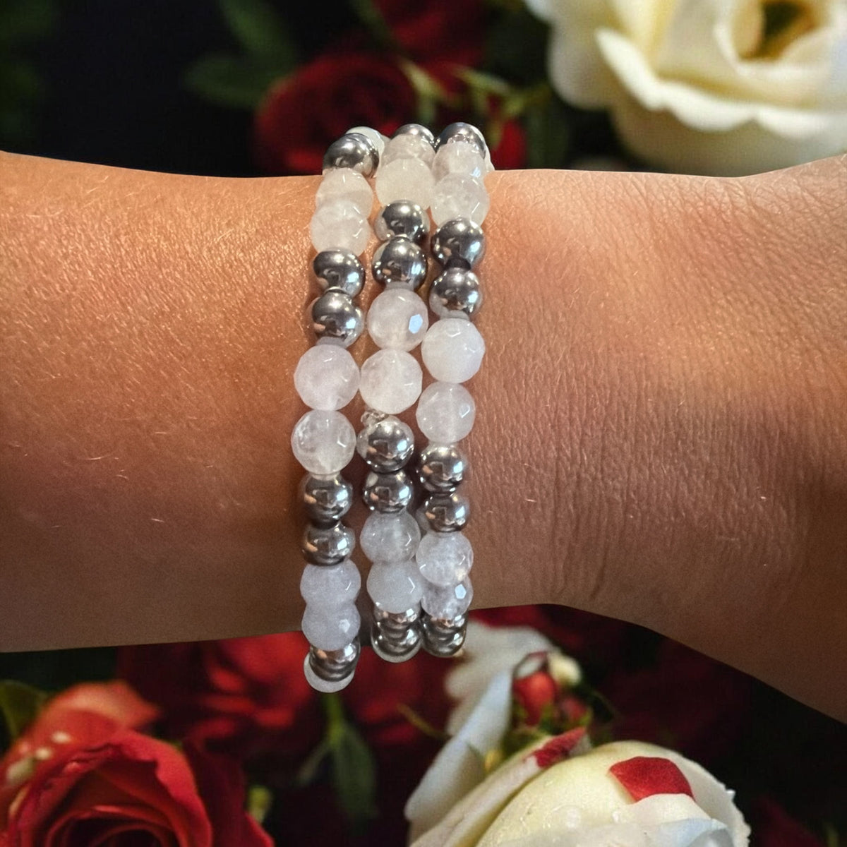 Natural Quartz and Stainless Steel Beaded Bracelets (Set of 2)