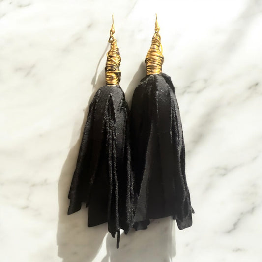 Black Wide Cloth Tassel Earrings
