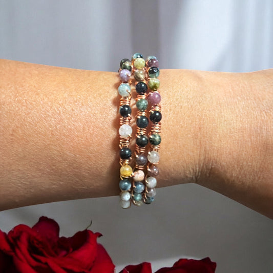 (Set of 3) Copper Pink Tourmaline Dangle Bangles