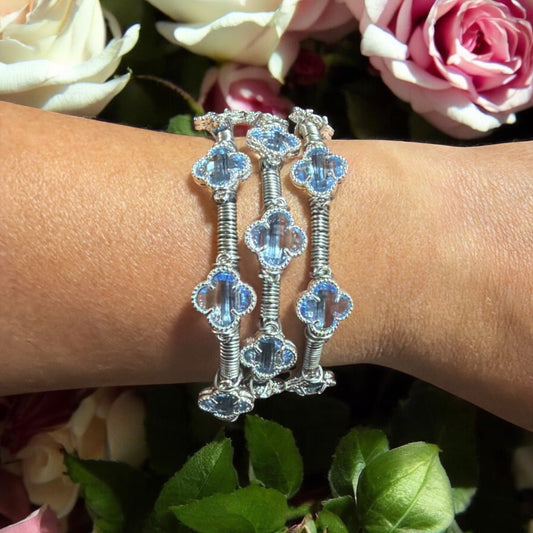Blue Crystal Clover Stainless Steel Bangle
