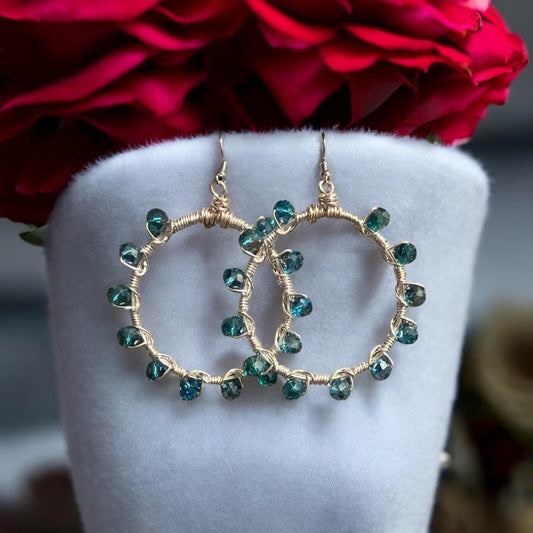 Teal Blue Crystal Silver Hoop Earrings