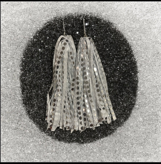 Silver Disco Fabric Tassel Earrings