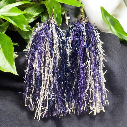 Purple & White Scrubby Tassel Earrings