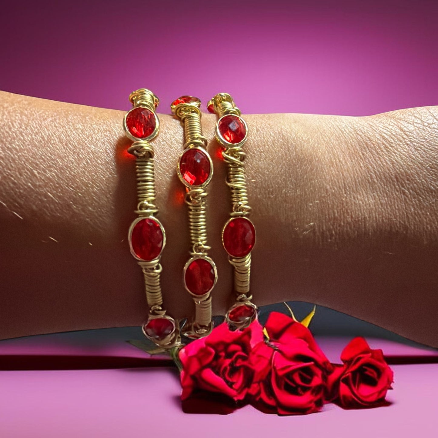 Ruby Red Oval Rhinestone Crystal Bangle (July 2026 Collection)