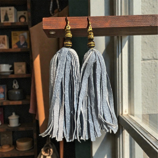 Denim Tassel Earrings with African Beads
