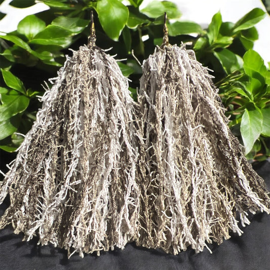 Tan & White Scrubby Tassel Earrings