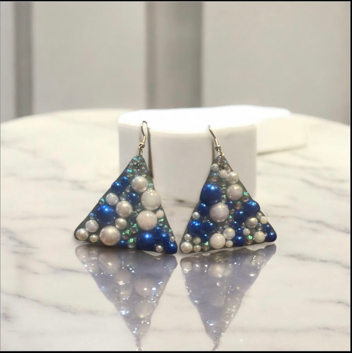 Triangle Blue and White Rhinestone and Pearl Earrings