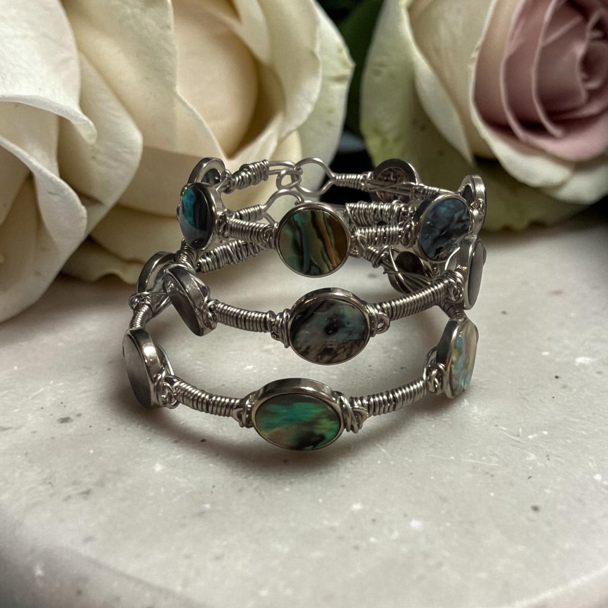 Round Paua Shell Stainless Steel Bangle