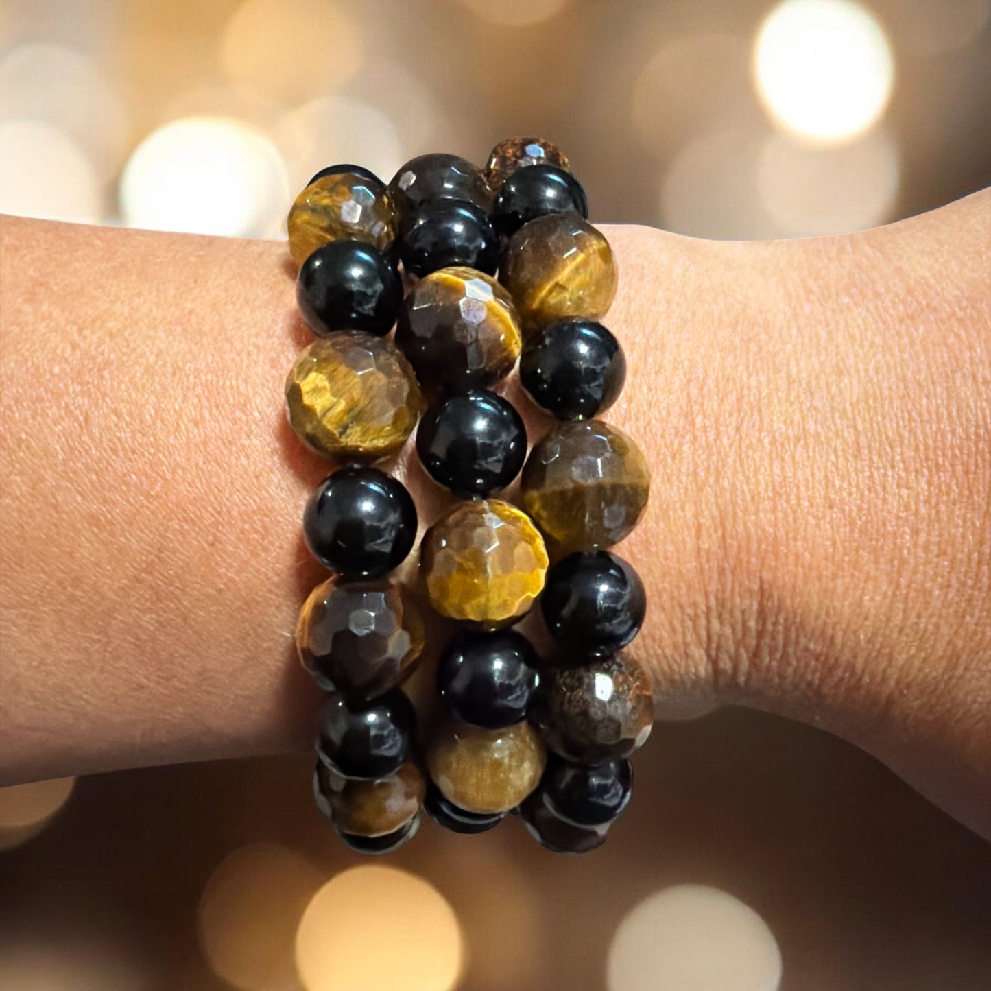 Faceted Tigers Eye and Onyx Bracelet