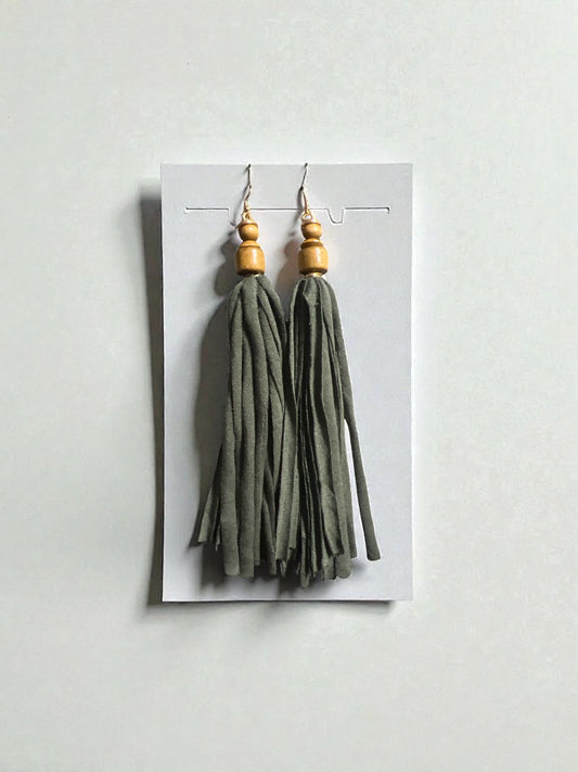 Olive Fabric Tassels with Wood Beads