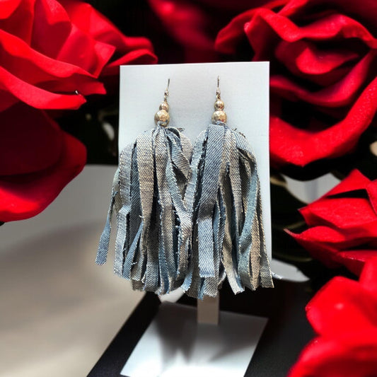 Denim and Sliver Fabric Tassel Earrings