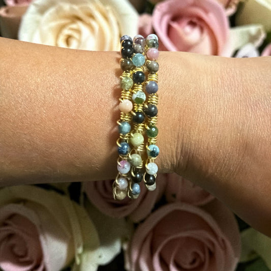 (Set of 3) Gold Brass Pink Tourmaline Dangle Bangles