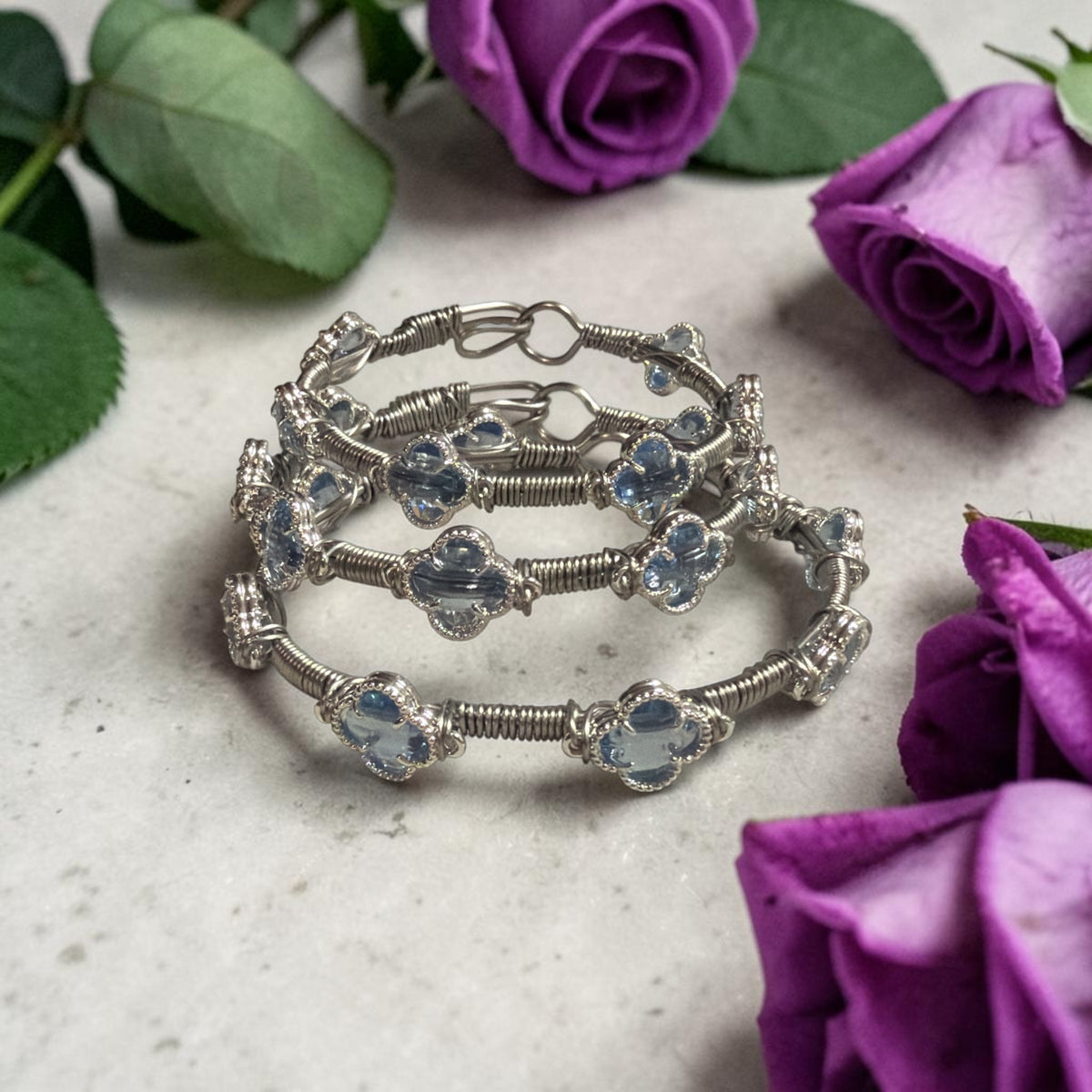 Blue Crystal Clover Stainless Steel Bangle