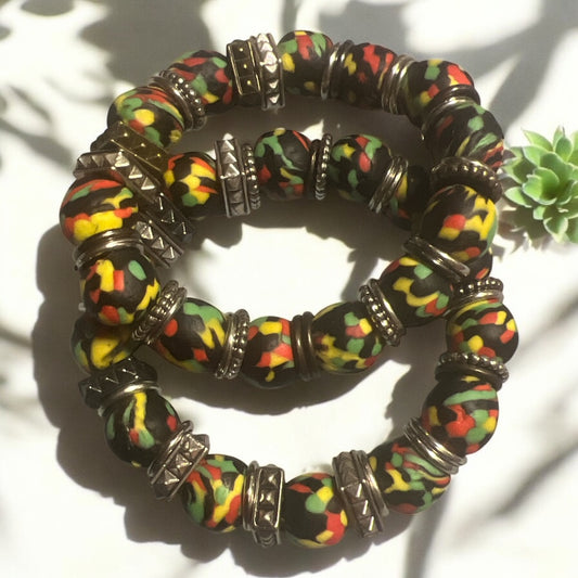 Red, Gold and Green Clay Beaded Bracelet