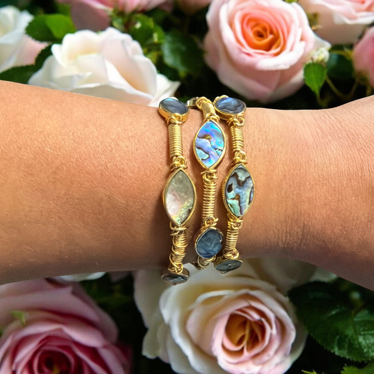 Large Oval Paua Shell Gold Brass Bangle