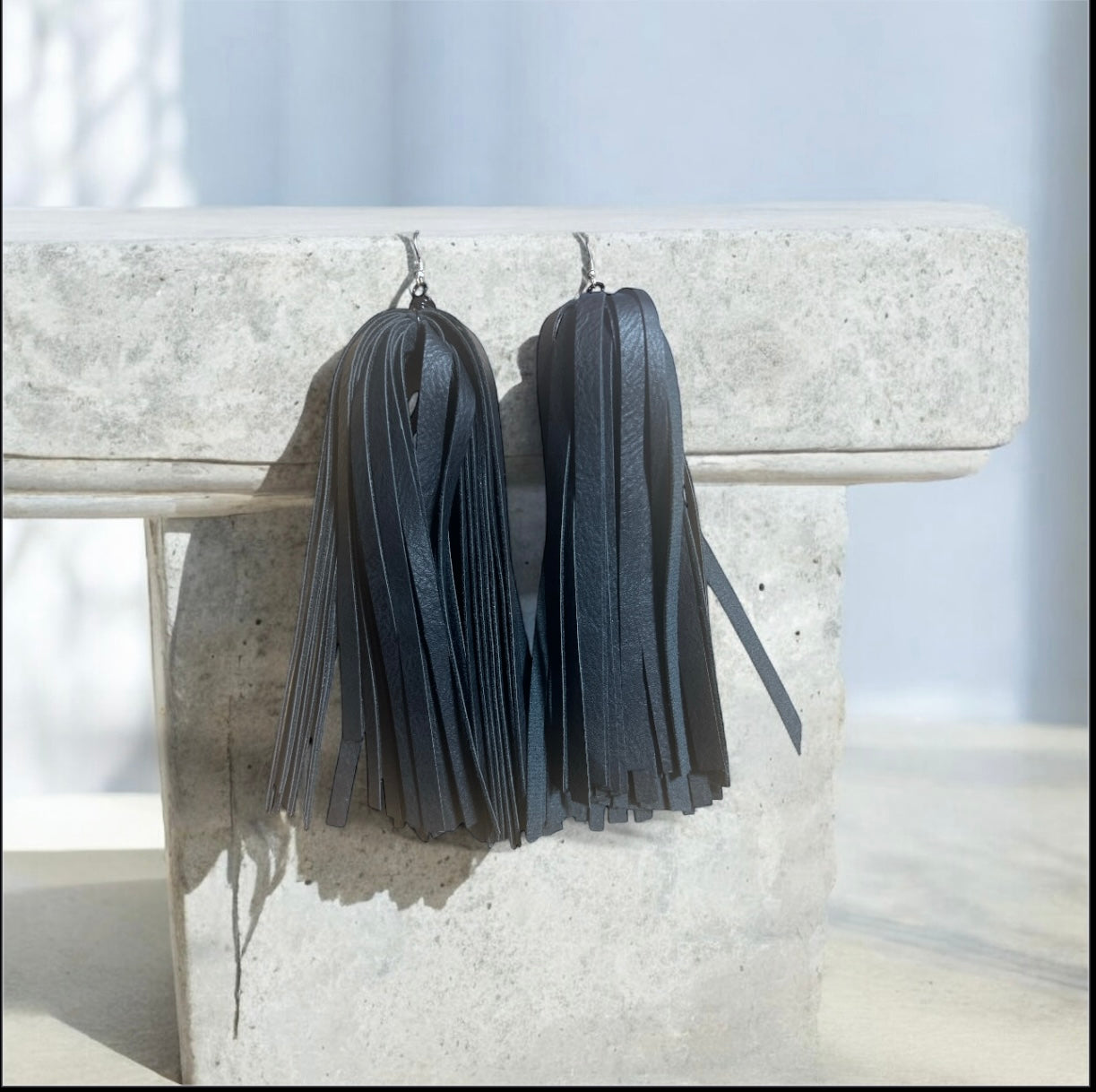 Black Faux Leather Tassel Earrings