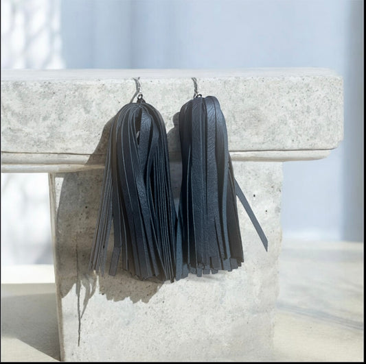 Black Faux Leather Tassel Earrings