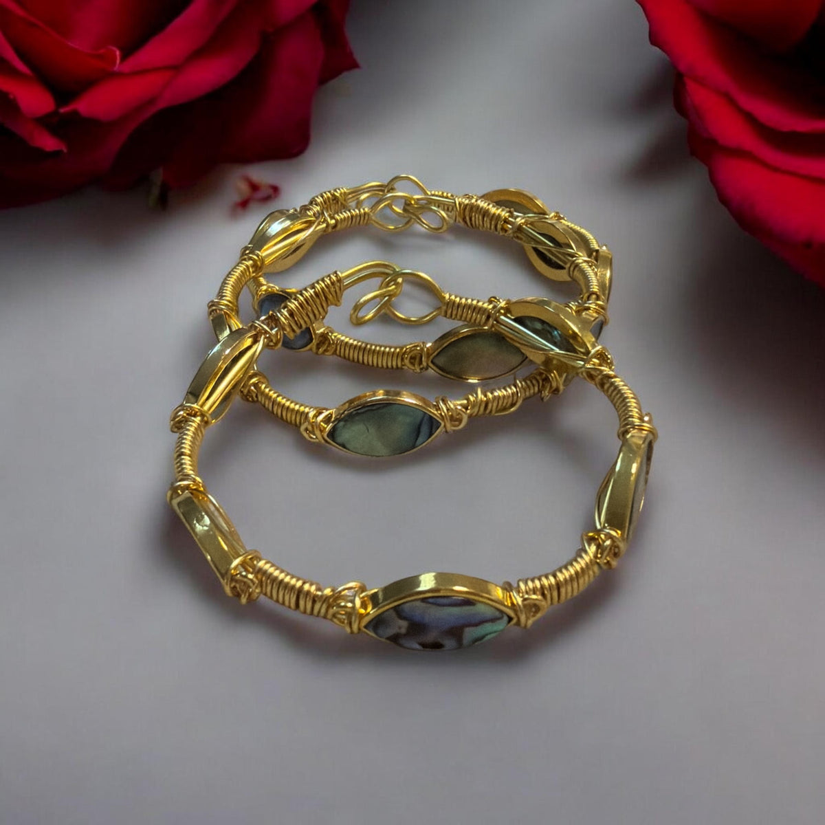 Large Oval Paua Shell Gold Brass Bangle