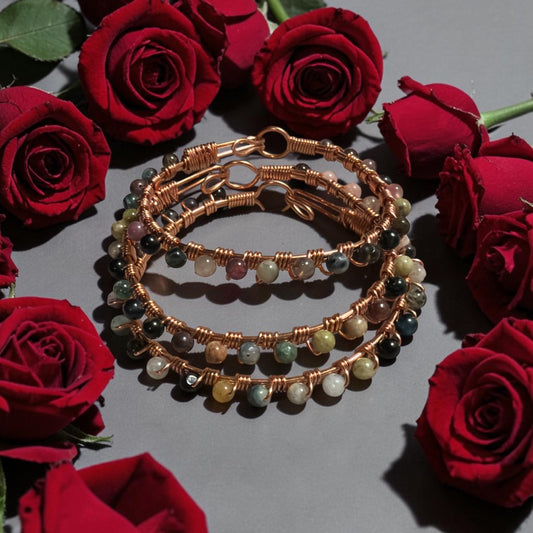 (Set of 3) Copper Pink Tourmaline Dangle Bangles