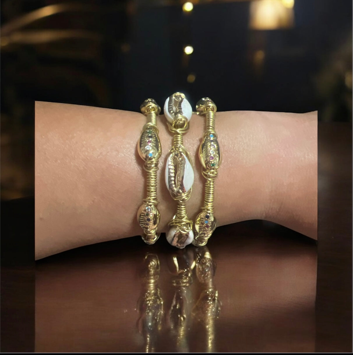 Gold Crystal Cowrie Shell Bangle