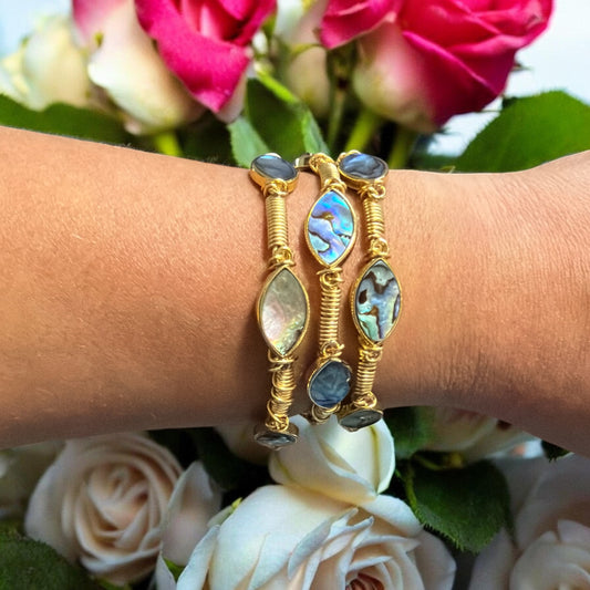 Large Oval Paua Shell Gold Brass Bangle