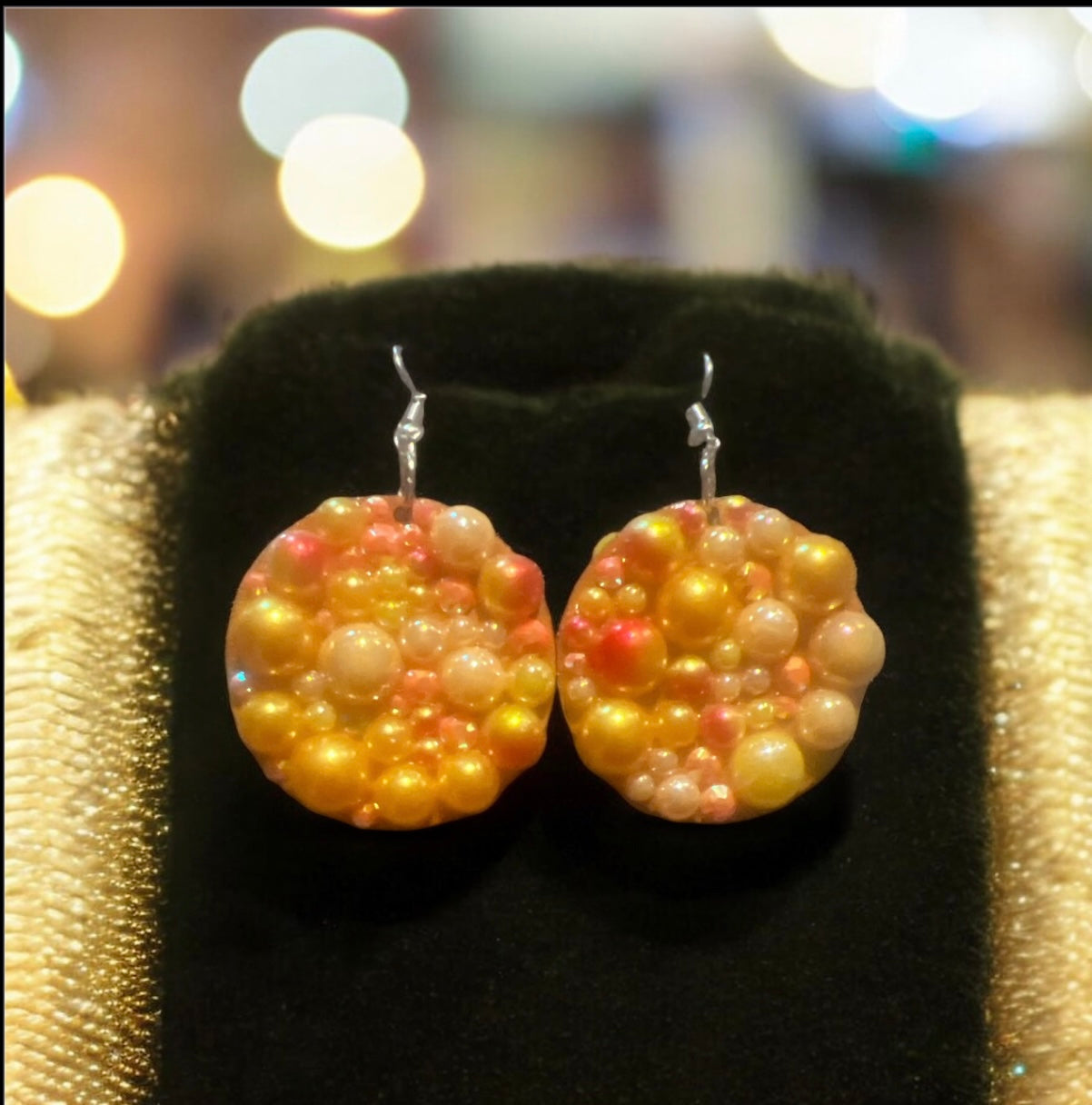 Circle Orange and Yellow Rhinestone and Pearl Mix Earrings