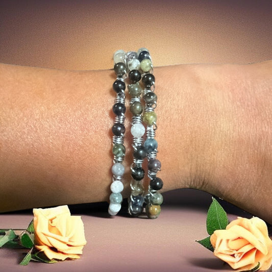 (Set of 3) Stainless Steel Pink Tourmaline Dangle Bangles
