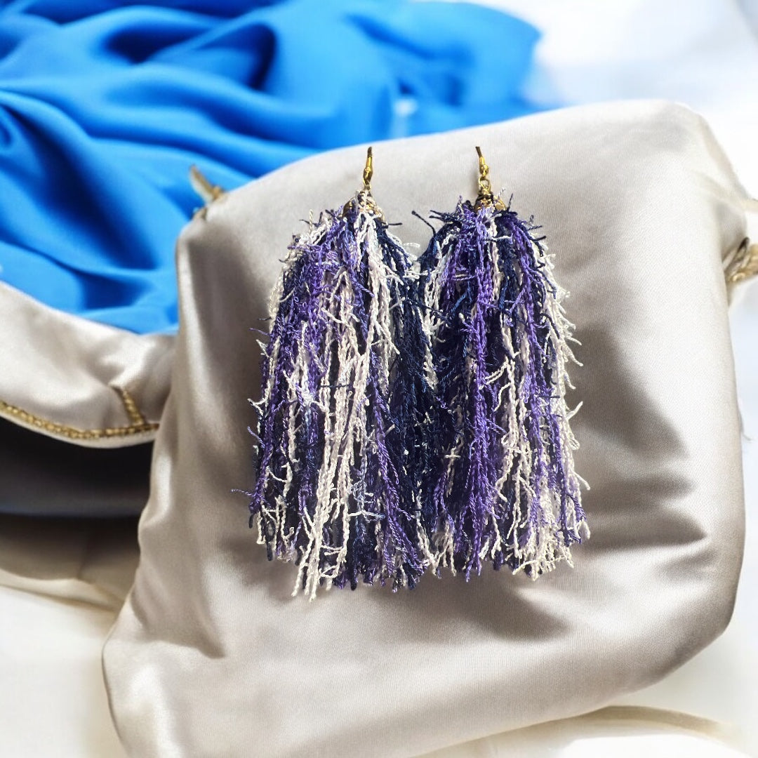 Purple & White Scrubby Tassel Earrings