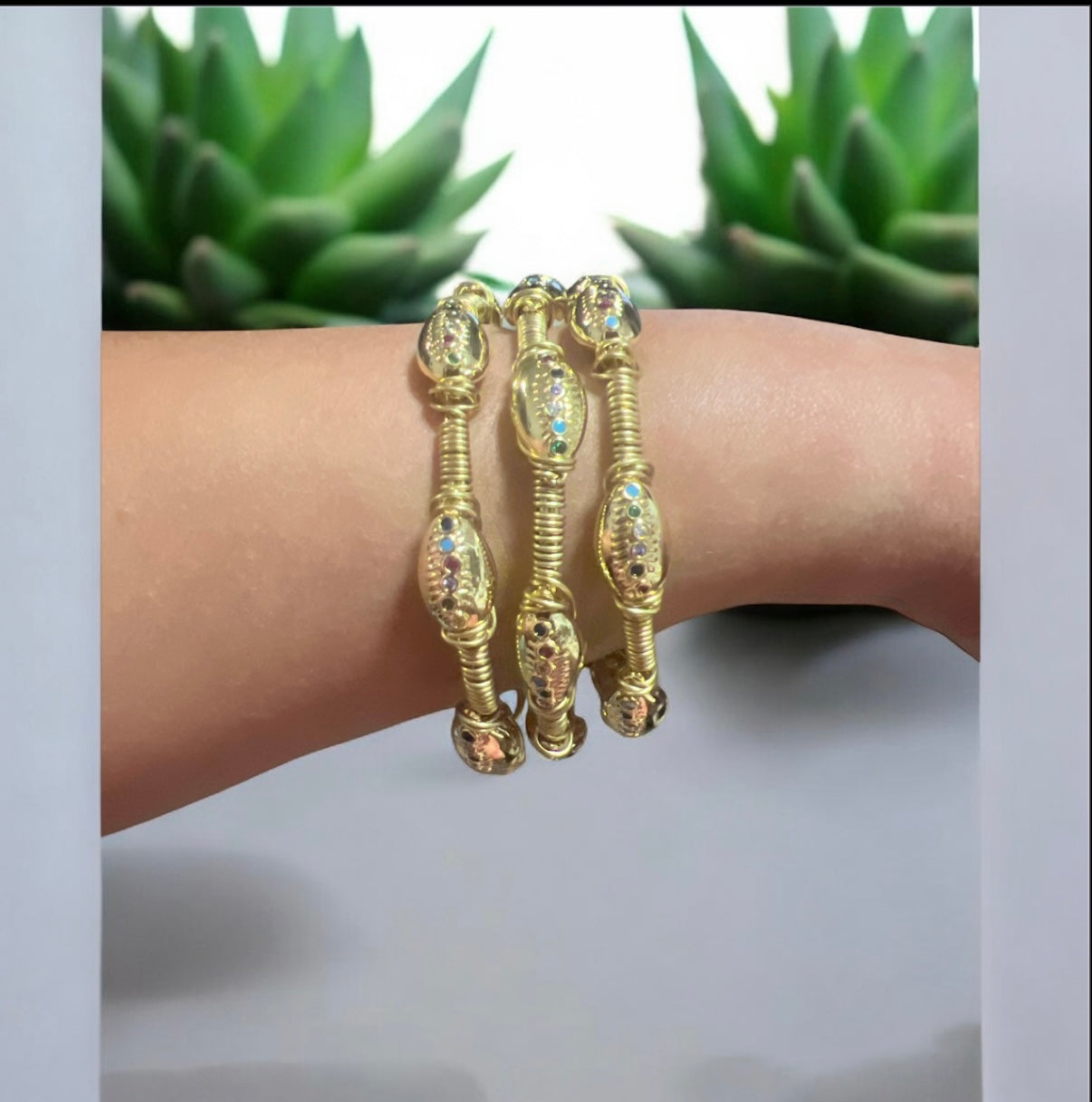 Gold Crystal Cowrie Shell Bangle