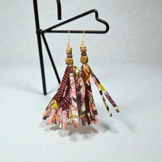 Burgundy Pink Greenand Orange African Print Tassel Earrings