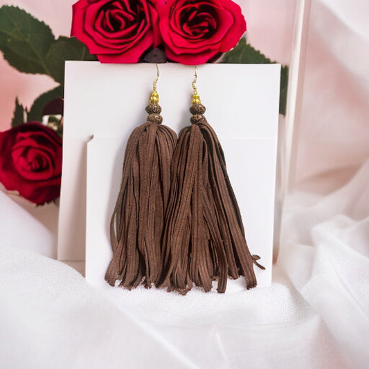 Corduroy Brown Tassel Earrings