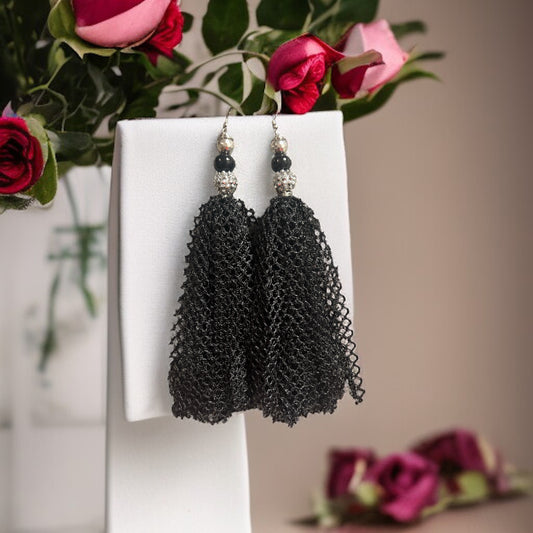 Silver/Black Fish Net Tassel Earrings