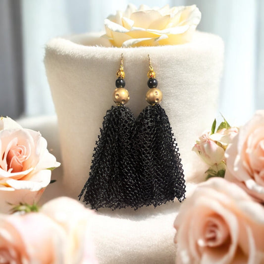 Gold/Black Fish Net Tassel Earrings