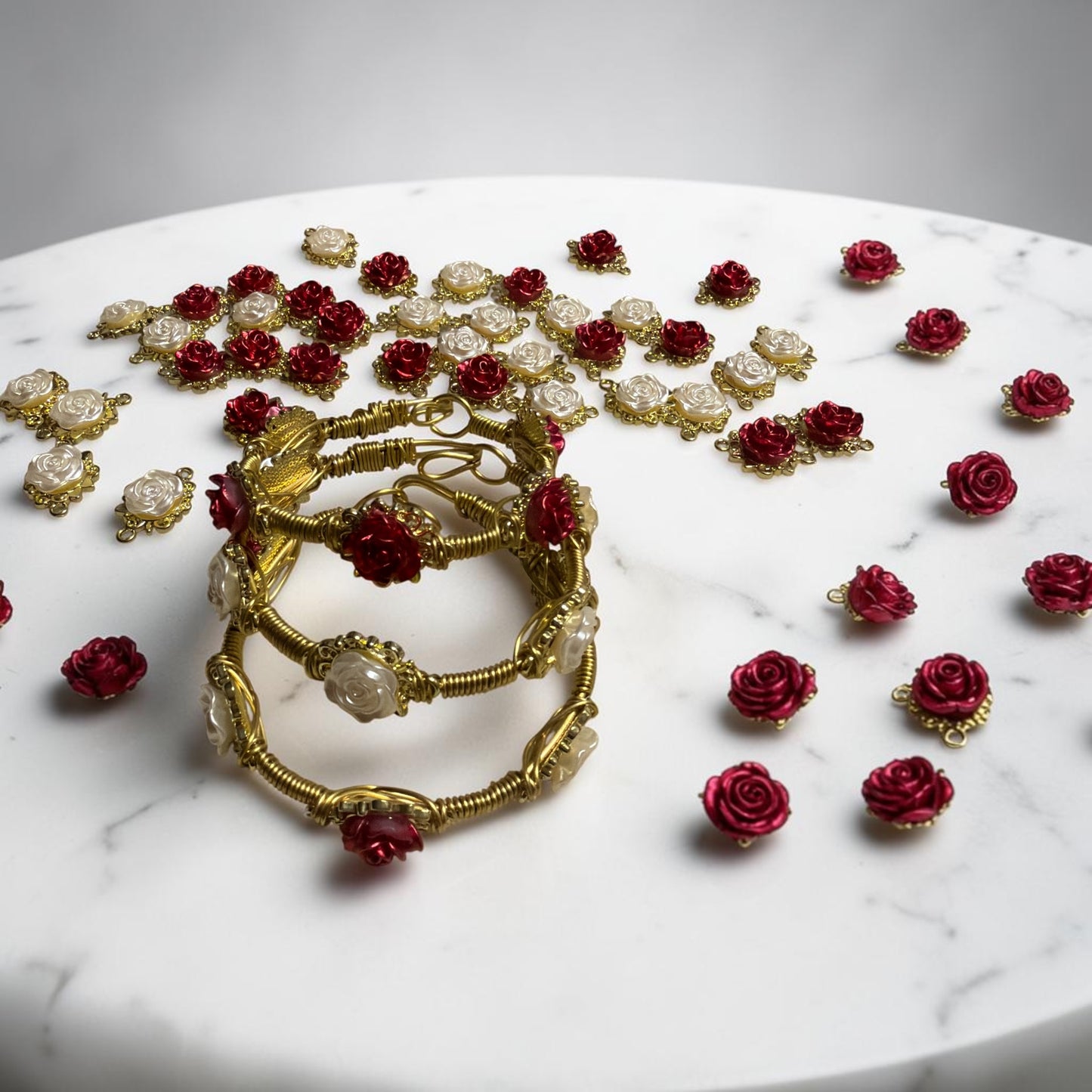 Red and White Rose Bangles (Set of 3)