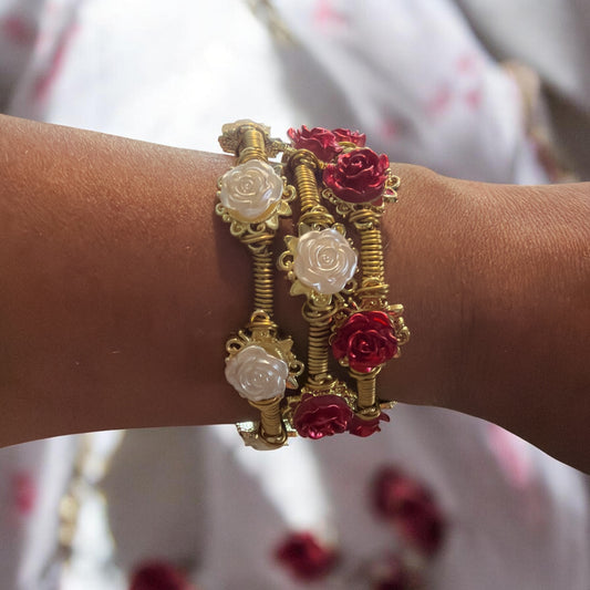 Red and White Rose Bangles (Set of 3)