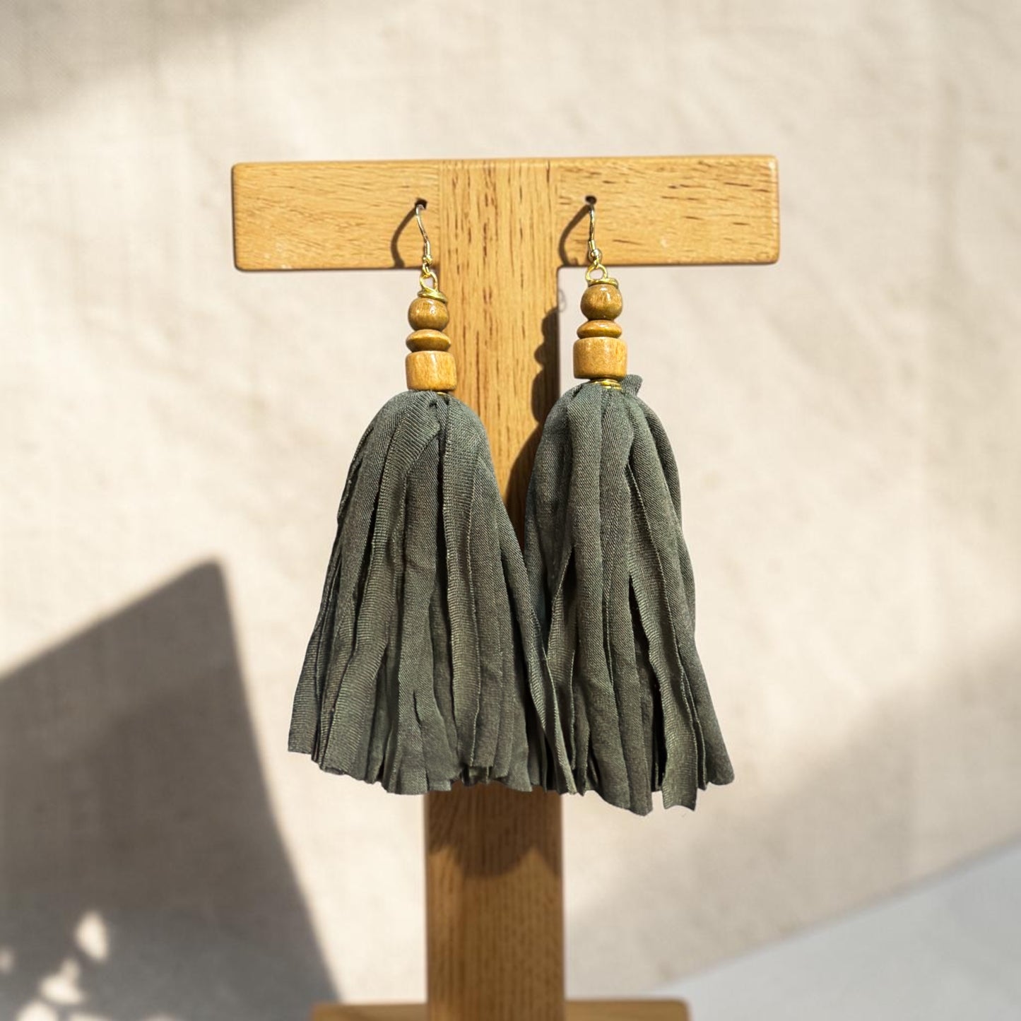 Olive Fabric Tassels with Wood Beads