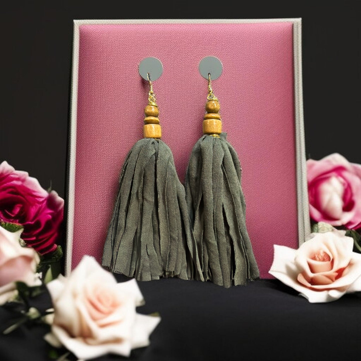 Olive Fabric Tassels with Wood Beads